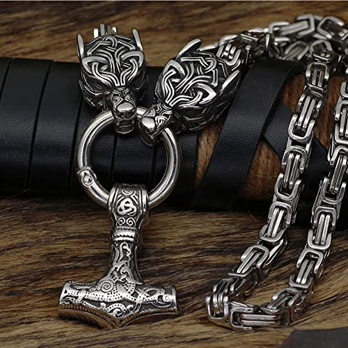 Men Thor's Hammer Viking Necklace, Silver Stainless Steel Nordic Mythology Mjolnir Amulet Pendant Jewelry, Multiple Style Animal Head Square King Chain,Fenrir Wolf,70 cm