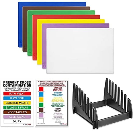 Catering Parts UK Colour Coded Low Density Chopping Board Set with Rack & Wall Chart 7 Pieces, (CH041)
