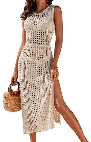 BMJL Damen-Bademode, gehäkelt, lang, Badeanzug, Bikini, ärmellos, seitlich geteilt, Strandkleid, aprikose, X-Large