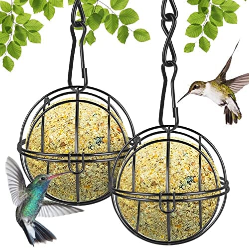 OFFCUP Mangeoires Oiseaux, 2pcs Métal Mangeoire Oiseaux Exterieur avec 2pcs Crochets en Forme de S, Suspendue Sphériques Boule de Graisse Bird Feeder pour de la Maison Le Jardin la Faune (Noir)