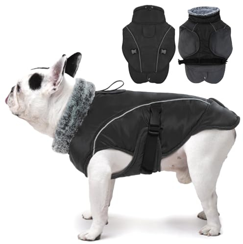 DENTRUN Hundemantel Wasserdicht und Warm, Fleece Gefüttert, Wintermantel für Französische Bulldogge (Schwarz, L)