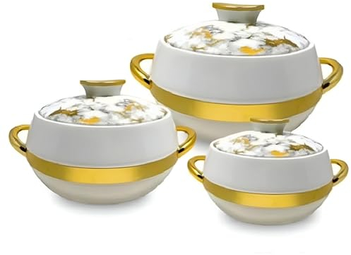 Kajal Küchen-Thermoschalen 3er-Set | Edelstahl Lebensmittelbehälter Wärmefunktion (1000 ml, 1500 ml, 2000 ml) | Isoliert, langlebig, stylisch, weiß-gold