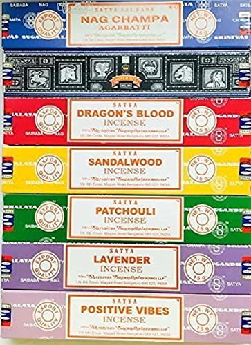 Satya verschiedene Räucherstäbchen, 7 Stück, Nag Champa, Superhit, Patchouli, Sandelholz, Drachenblut, positive Schwingungen, Lavendel, für Meditation, Yoga, Heilung, Aromatherapie, Relxation,