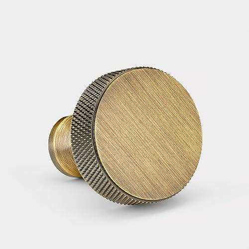 Pushka Home Solid Brass Door Cupboard Knobs Round Knurled Edge Gold Silver Black Antique (Antique Gold)