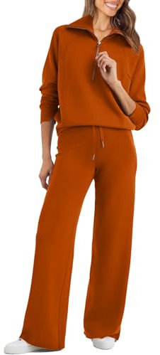 Glamaker Womens 2 Piece Sweatshirt Set Oversized Half Zip Wide Leg Sweatshirt Lounge Set Tracksuit Orange/Sunset Chevron Medium, Sunset Chevron Orange/Evening Red, M