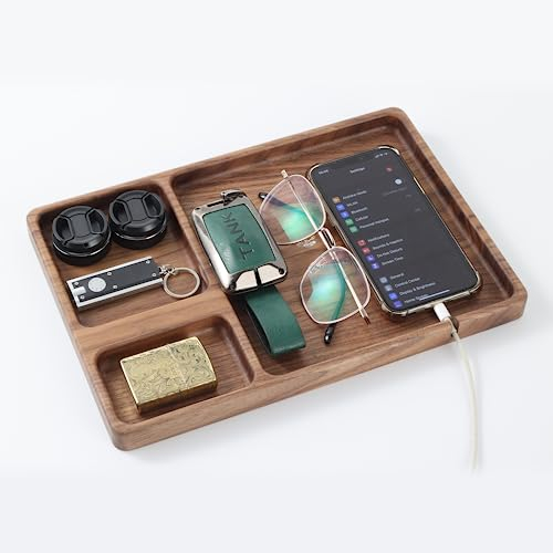 SEEDWAVE Plateau de valet en bois de noyer pour papa – Organiseur de table de chevet pour homme et femme, plateau de transport quotidien pour cadeau de fête des pères, organiseur de table de chevet