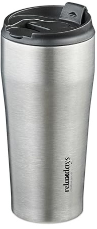 Relaxdays Thermobecher, 400 ml, für Heiß- & Kaltgetränke, dichter Kaffeebecher aus Edelstahl, BPA-frei, Silber/schwarz