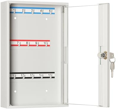 LEOMAR Schlüsselschrank, Schlüsselkasten mit 15 Haken, Schlüsselbox aus Stahlblech mit Glastüren, mit Festen Hakenleisten, Organizer zur Wandbefestigung, Abschließbar, 6 x 20 x 32 cm