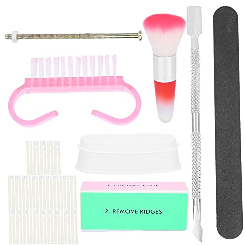 7pcs Nail Art Kit with Dip Powder Tray, Dust Remover Powder Brush, Nail Tips Display, File, Buffer Block and Cuticle Pusher for Salon and Home Use