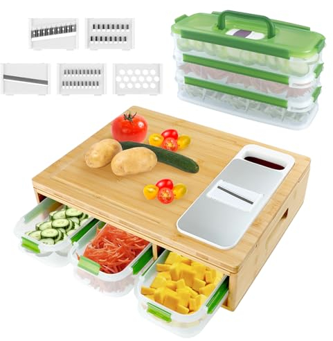 Bambus-Schneidebrett mit Behältern Auffangschalen, IEMIEBMEI Holz Reibe Küchenbrett komplettem Set, TablettsSchubladen und Stapelbar Lebensmittelaufbewahrungstablett Deckel for Meal Prep Einfache