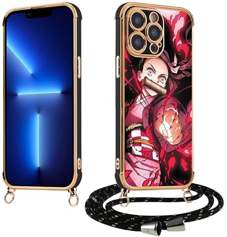 LunarDrift Lanyard Handyhülle für iPhone 11 Hülle 6.1 Zoll, Anime Kamado Nezuko Manga Junge Muster mit Band zum Umhängen Schwarz/Kette Schutzhülle Bumper Stoßfest Dünn Case, 02
