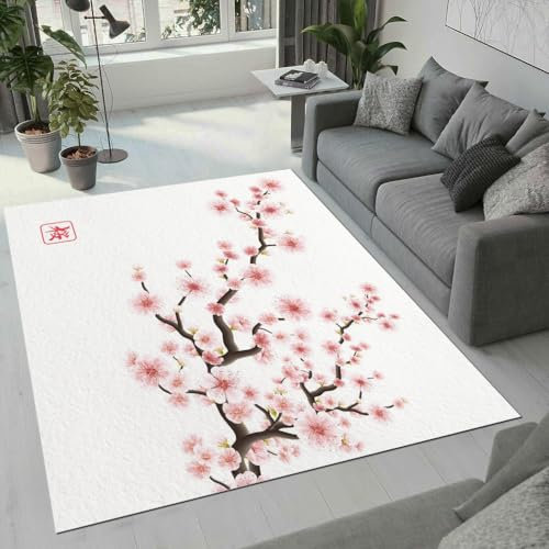 ROUSKI Kirschblüten Teppich Wohnzimmer Schlafzimmer 3D Muster Design Japan Kirschblüten Teppiche Rutschfest Waschbarer Kurzflor Teppich Grösse 160x230 cm Flauschig Weich Soft Home Outdoor Carpet Matte