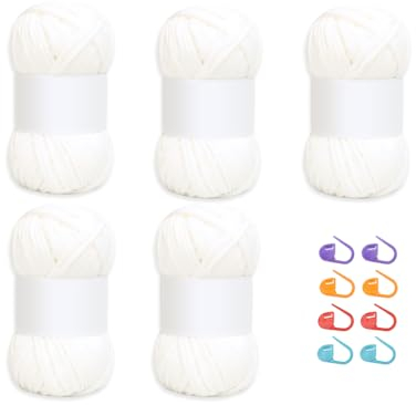 Kellegour Garn zum Häkeln, Dickes Baumwoll-Nylon-Mischgarn, Baumwolle zum Häkeln für Anfänger, Korb Taschen Decken Hüte Spielzeug Schuhe (5x100g) (Weiß)