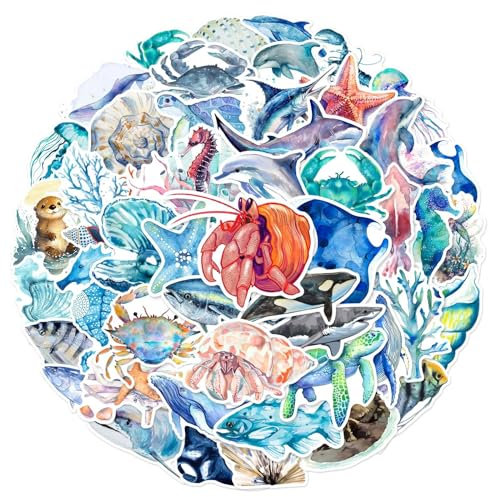 50Pcs Ocean Series Stickers Laptop Car Scrapbook Phone Skateboard Suitcase Luggage Bike Marine Animal Stickers Vinyl Waterproof Aesthetic Personalised Stickers for Teens Boys Girls Adults