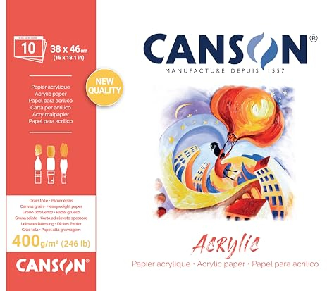 CANSON Acrylic - Bloc 10 feuilles de papier acrylique blanc grain toilé - 38 x 46 cm - 400g/m²