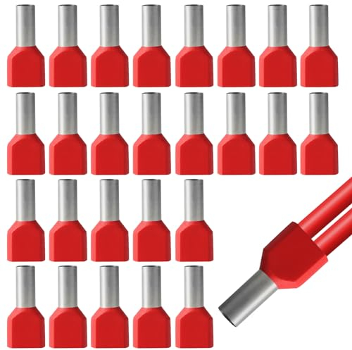 Conjunto de 100 terminales gemelos de 10mm2, Set de terminales gemelos, Conector doble de terminales de 10mm², Set para conexión de cables, Terminales gemelos rojos dobles aislados