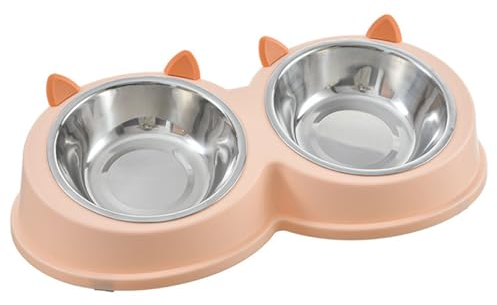 Double Dog Cat Food Bowls, Removable & Non-Skid & Non-Spill Stainless Steel Raised Cat Pet Bowl, 15° Tilted Angle Raised Slanted Food Water Bowl Anti Vomiting for Cats and Small Dogs (Pink, Small)