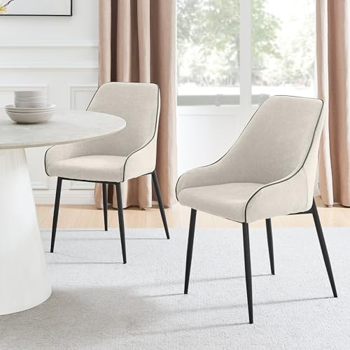 Furniturebox UK Beaumont Dining Chairs – Set of 2 Cream Fabric Upholstered with Black Metal Legs – Modern Bucket Style Dining Room Chairs – Contemporary Upholstered Seating