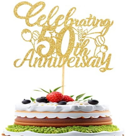 50th Anniversary Cake Topper, Gold 50th Wedding Anniversary Decorations Happy Anniversary Cake Topper for Birthday Party Company Anniversary Decorations