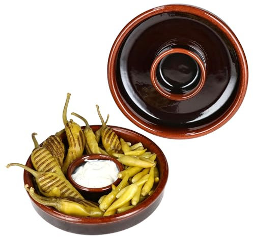 MamboCat 2er Set Juego Tapas Schale Ø 17,8cm | dunkelbraune Olivenschale I Tonschale mit integriertem Schälchen für Kerne oder Dip I Cazuela für Antipasti & Co.