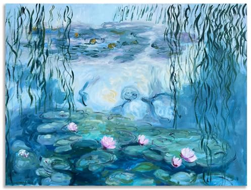 Fokenzary Hand Painted Water Lilies Reproduction of Claude Monet Famous Artwork Modern Impressions on Canvas Home Décor Suitable for Living Room Bedroom Wall Decoration Framed Ready to Hang