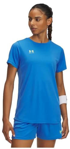 Under Armour Damen Challenger Train Kurzarmshirt, schnelltrocknendes Sportshirt für Fußball und Training, atmungsaktives Funktionsshirt mit Netzeinsätzen,Blue Atlantis / / High Vis Yellow,LG