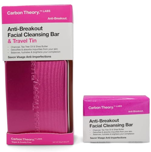 Carbon Theory Gesichtsreiniger für zu Akne neigende Haut & Reiseseife Etui Dose – Aktivkohle Gesichtswaschbar, Teebaumöl, Sheabutter – vegane Holzkohle und Teebaumseife, 100 g