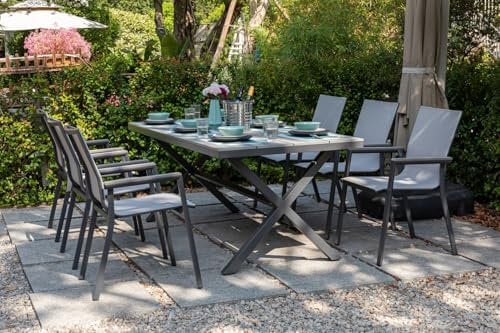 Gardissimo Dining Set Catania anthrazit - 6 Stapelsessel und EIN XXL Nonwood-Tisch wetterfest bis 6 Personen - Aluminium Garten Sitzgruppe Garten Möbel Set