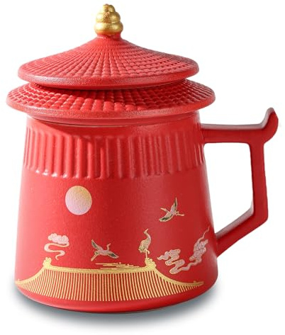Coolpei Loose Leaf Tea Cup with Infuser and Lid, 14.8oz Chinese Ceramic Mug with Fine Mesh Strainer, Office Steeping Cup for Tea Lovers Gifts