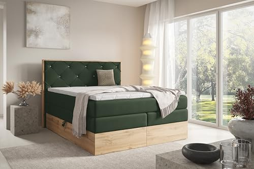 FURNISTAR Echtes Boxspringbett LOFT IV Premium 160x200 mit 7-Zonen Taschenfederkern Matratze und Bettkasten - Familienbett mit Topper Stauraum Wotan Eiche Platte Polsterbett Hotelbett - Dunkelgrün
