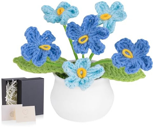 MAIBAOTA Gradient Blue Forget Me Not Crochet Flowers Handmade Knitted Flower Bouquet Potted Plants Gifts for Women Lover Old Friend Christmas Valentine's Day Home Office Desk Decor