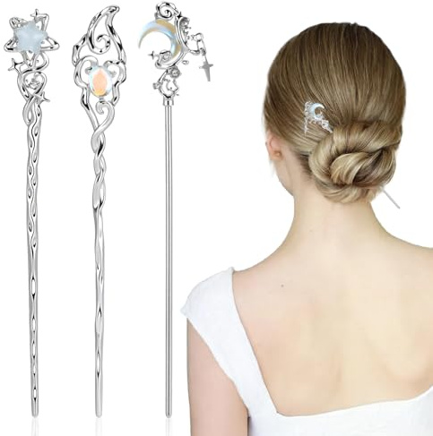Shimmeroo 3 Stück Stern Haarstab Damen | Mondsteinen Haarstäbchen Damen Modisch Haarnadeln für Hochsteckfrisuren Lange Chinesische Hair Stick,Hanfu-Accessoires