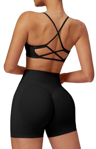 Odizli Damen Crossback Rückenfrei Sport BH + High Waist Shorts Outfit Fitness Gym Workout Yoga Sportkleidung