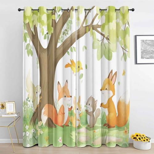Cartoon Waldtiere Vorhang, Fuchs Eichhörnchen Kaninchen Gardinen mit Ösen 2er Set Verdunkelungsvorhang - Tiermuster Vorhänge, Wohnzimmer Schlafzimmer Kinderzimmer Blickdichte vorhänge, 183x214 cm