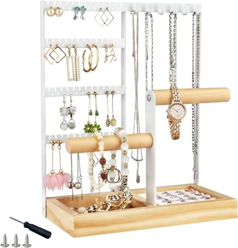 Schmuckständer,Schmuckhalter Aufbewahrung Mehrschichtige für Ohrring Weiß | Schmuckhalter für Ohrring Ketten Schmuck Organizer Jewelry Ständer mit 6 Haken, 48 Löcher Ohrringhalter Schmuckaufbewahrung