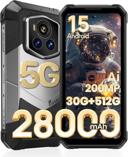 FOSSiBOT F107 Pro 5G Smartphone Incassable 28000mAh(66W) 200MP, 30Go+512Go/2To Téléphone Portable Incassable, Dimensity 7300 Android 15, 6,95 FHD+ 120Hz Dual SIM Vision Nocturne/IP68/IP69K/NFC Gris