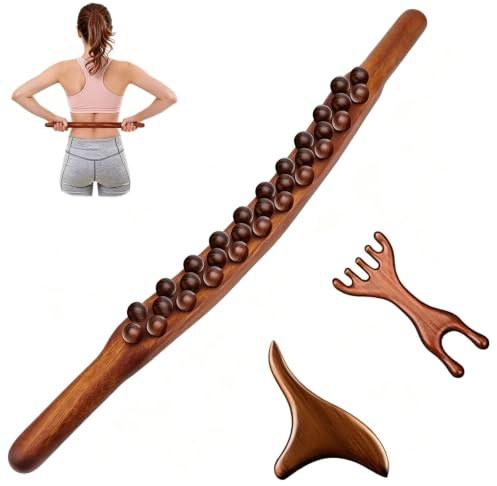 Gua Sha Wooden Therapy Stab, Massagestab Holz mit 31 Massageperlen | Dreieck-Massagegerät, Hirschhornkamm, Faszienstab Holz für Rücken, Nacken & Beine