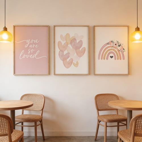 JORCEDI 3er Rosa Poster Set, Modern Rosa Aquarell Herz, Regenbogen, Blumen bilder, Kunstposter für Kinderzimmer, Wohnzimmer-Dekorationswandbild, Ohne Rahmen (30 x 40 cm)