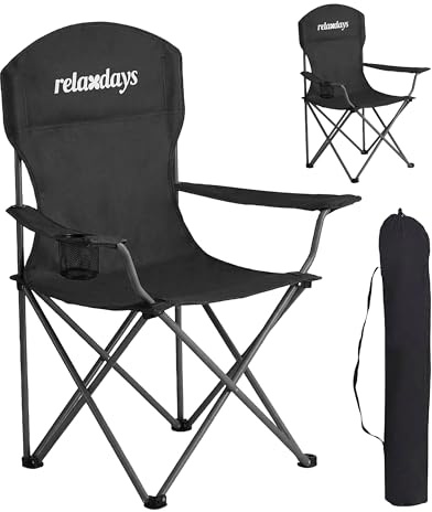 Relaxdays Camping Stuhl, 2er Set, faltbar, Tragetasche, Getränkehalter, 150 kg, Klappstühle, Polyester, Metall, schwarz
