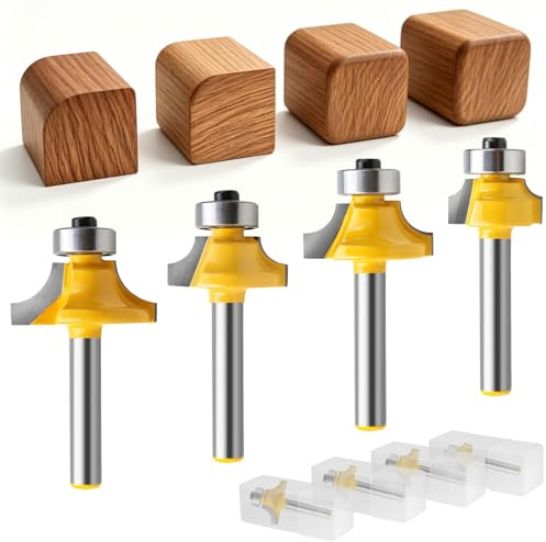 4Pcs Roundover Router Bit Set 1/4 Inch Shank Carbide Woodworking | Corner Edge Forming Cutter for MDF Plywood Wood, Radius 1/2 1/4 3/8 5/8 Inch, Durable Bits for DIY Furniture Projects