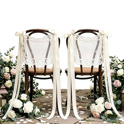 2 cartelli in pizzo per sedie da sposa per tavolo con innamorato, cartello con scritta Just Married, elegante decorazione per ricevimenti rustici, bohémien e classici