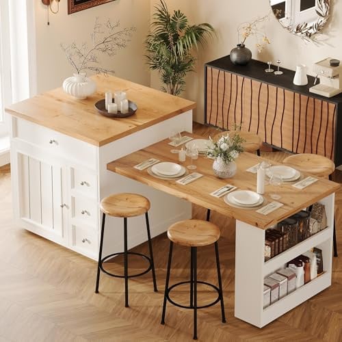 Lahoomu Ausziehbare Kücheninsel (120-184 cm) mit Schubladen und Rollen, fahrbare mit Holzoptik-Tischplatte, Vielseitige Thekeninsel für Küche, Esszimmer & Bartresen, Weiß