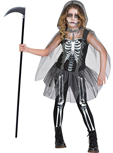 Amscan - Kinderkostüm Skelett-Lady, Top, Leggings, Tüllumhang mit Kapuze, Sensenfrau, Mädchen, Jugendliche, Hexe, Halloween, Karneval, Mottoparty