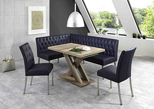 Beauty.Scouts Eckbankgruppe Oregon 4-teilig Tisch Wildeiche Dekor 140-178,5x90x75cm 2xStühle Eckbank 200x140x83cm VAR. aufbaubar Lederimitat dunkelblau