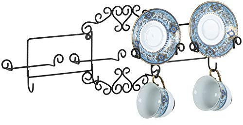 MyGift Vintage Scrollwork Black Metal Wire Tea Coffee Cup and Saucer Set Rack, Wall Mounted Decorative Display Shelf Holds Up to 4 Collectible Plates & Mugs