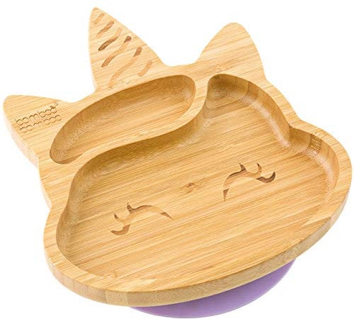 bamboo bamboo Baby Teller und Kinder-Teller, Saugteller zum Füttern und Abstillen, Bambus-Einhorn-Teller mit sicherem Saugnapf, Saugteller für Babys ab 6 Monaten (Einhorn, Flieder)