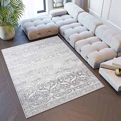 TAPISO Sky Teppich Kurzflor Grau Creme Ornament Floral 120 x 170 cm | Modern Meliert Verwischt Design Wohnzimmer Schlafzimmer 3D Optik OEKO-TEX