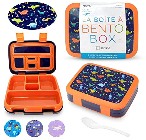 Dinosaur Bento Lunch Box for Toddlers Boys, 5 Portion Sections Secure Lid, Microwave Safe BPA Free Removable Tray, Pre-School Kid Lunches Dino Snack Container Ages 3 to 5 Blue Orange