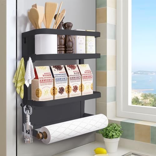 Fridge Spice Rack, Magnetic Shelf with Paper Towel Holder 2 Tier Kitchen Refrigerator Storage Rack (Black, Medium)