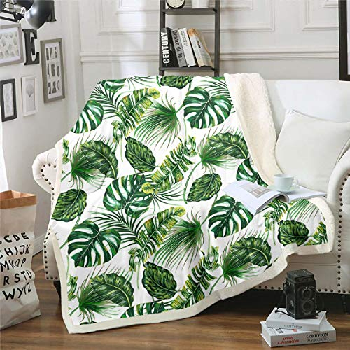 Tbrand Palmblätter Flanelldecke Hawaiianische Sherpa-Decke Monstera Bananenblätter Fuzzy-Decke Sommer Tropische Blätter Überwurfdecke Für Wohnzimmer Schlafzimmer Dekor, Grün Weiß, Mitte